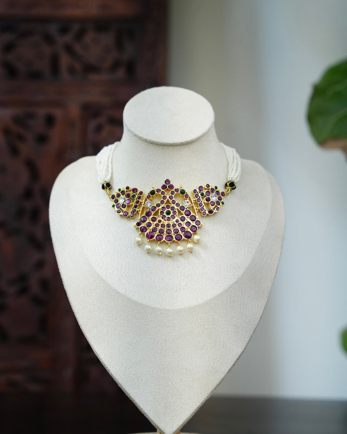 Vintage Traditional Kemp Stone Necklace with Pearl Beads | Handmade Gold Tone | NC920