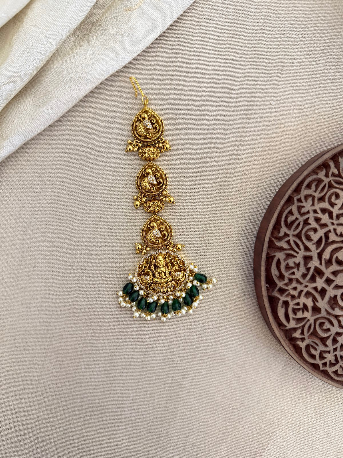 Antique Lakshmi Maang Tikka With Green Beads | MT327