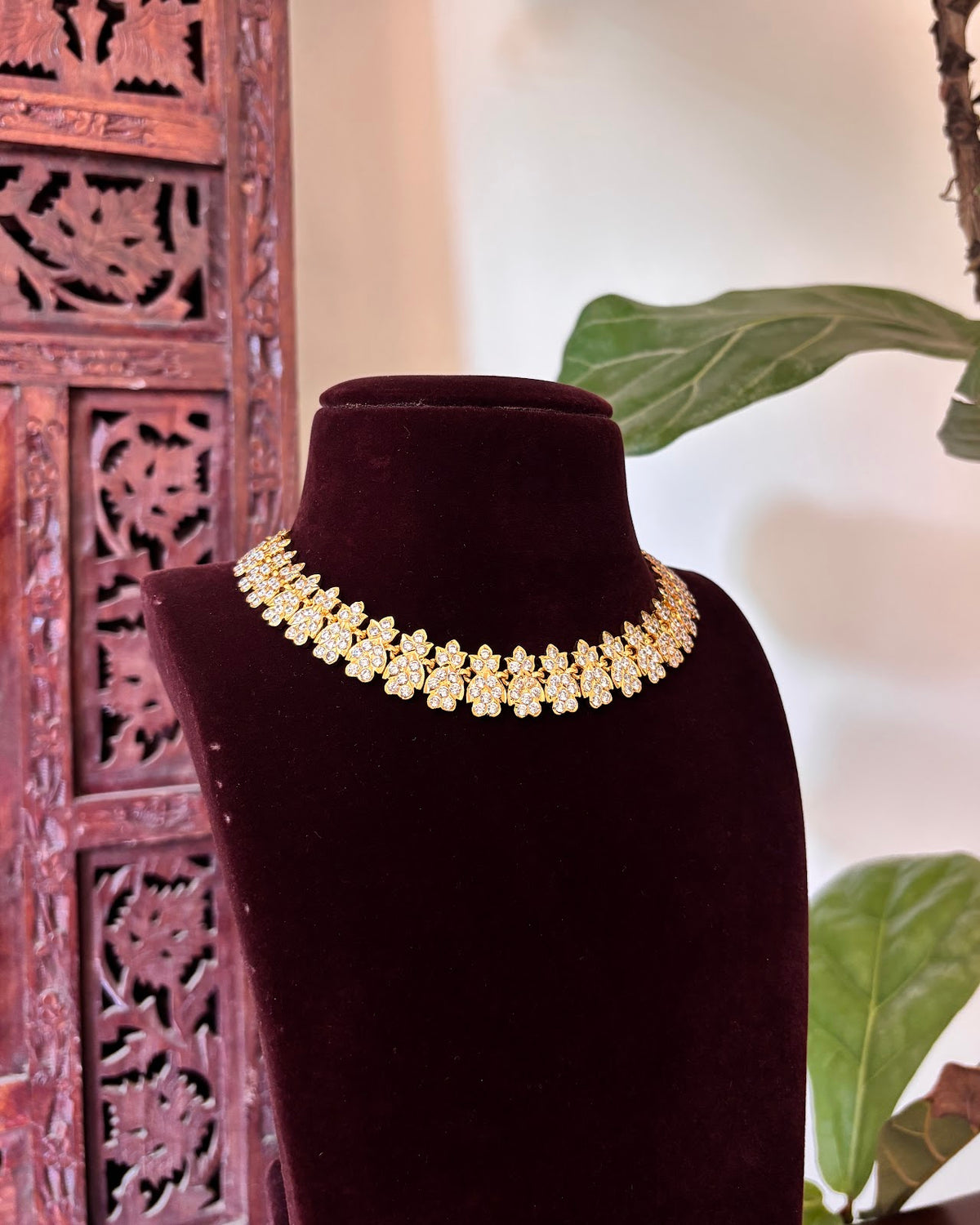 Vintage Floral Motif Impon Attigai Choker | Handmade Gold Tone | NC862