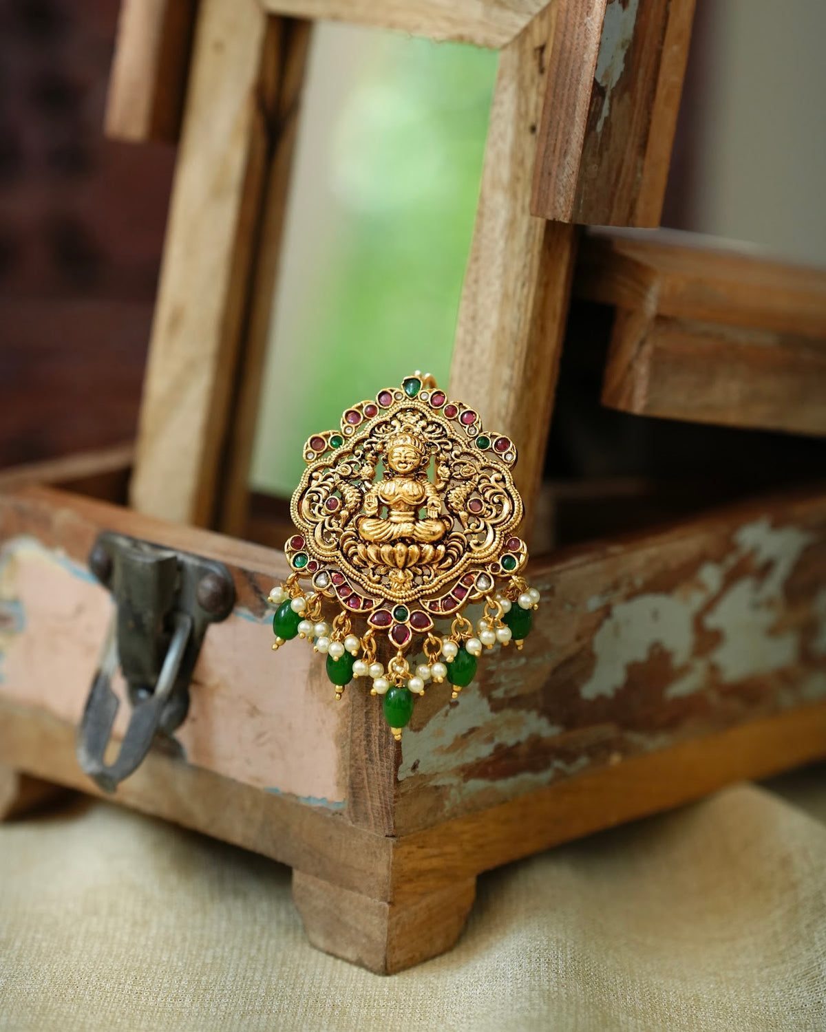 Antique Lakshmi Traditional Hair Pendant with Green Beads | HA431