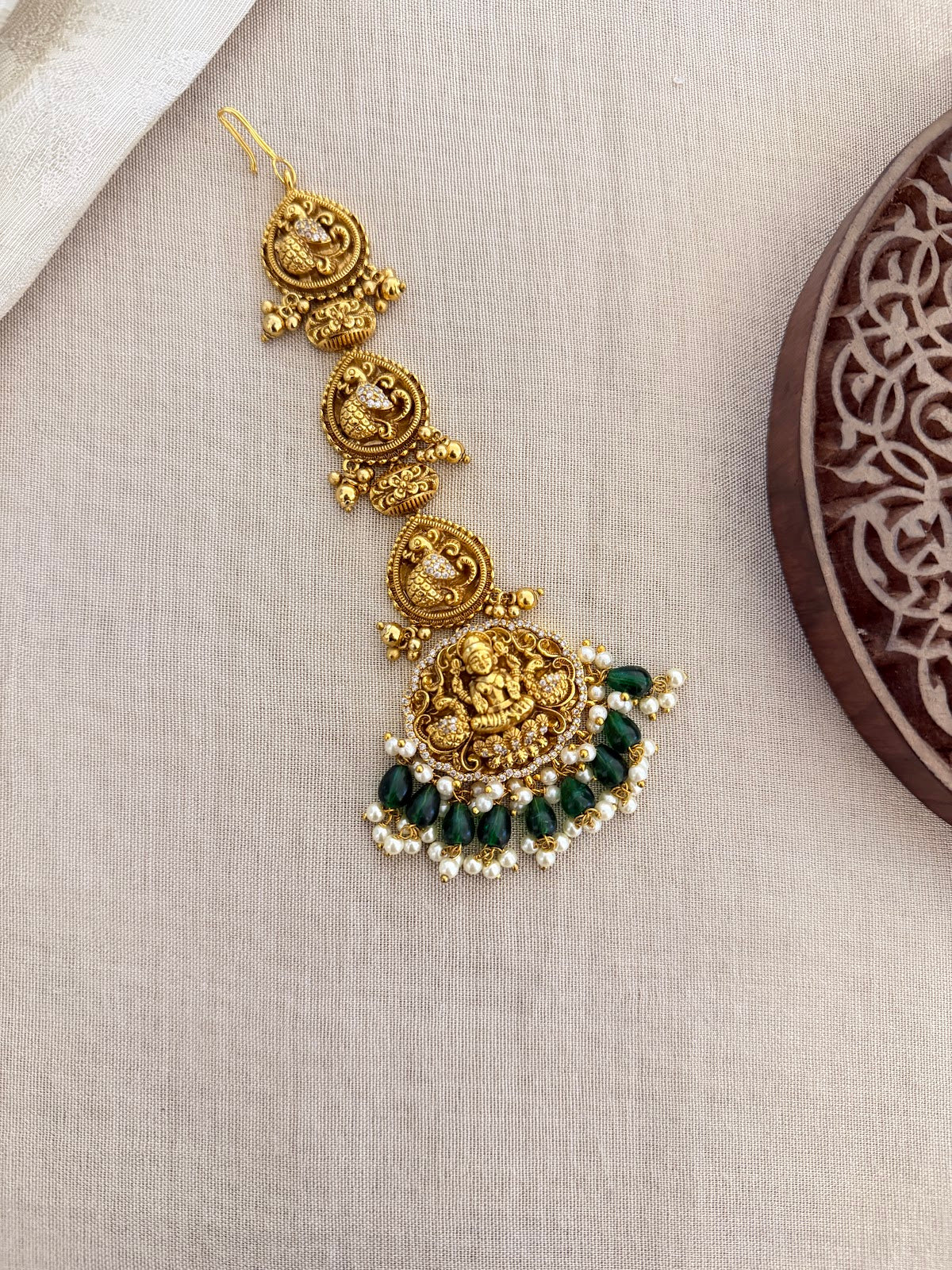 Antique Lakshmi Maang Tikka With Green Beads | MT327