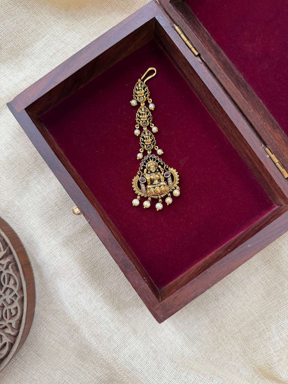 Traditional Lakshmi Motif Maang Tikka | Multi Colour | Handmade Antique Gold Plated | MT384