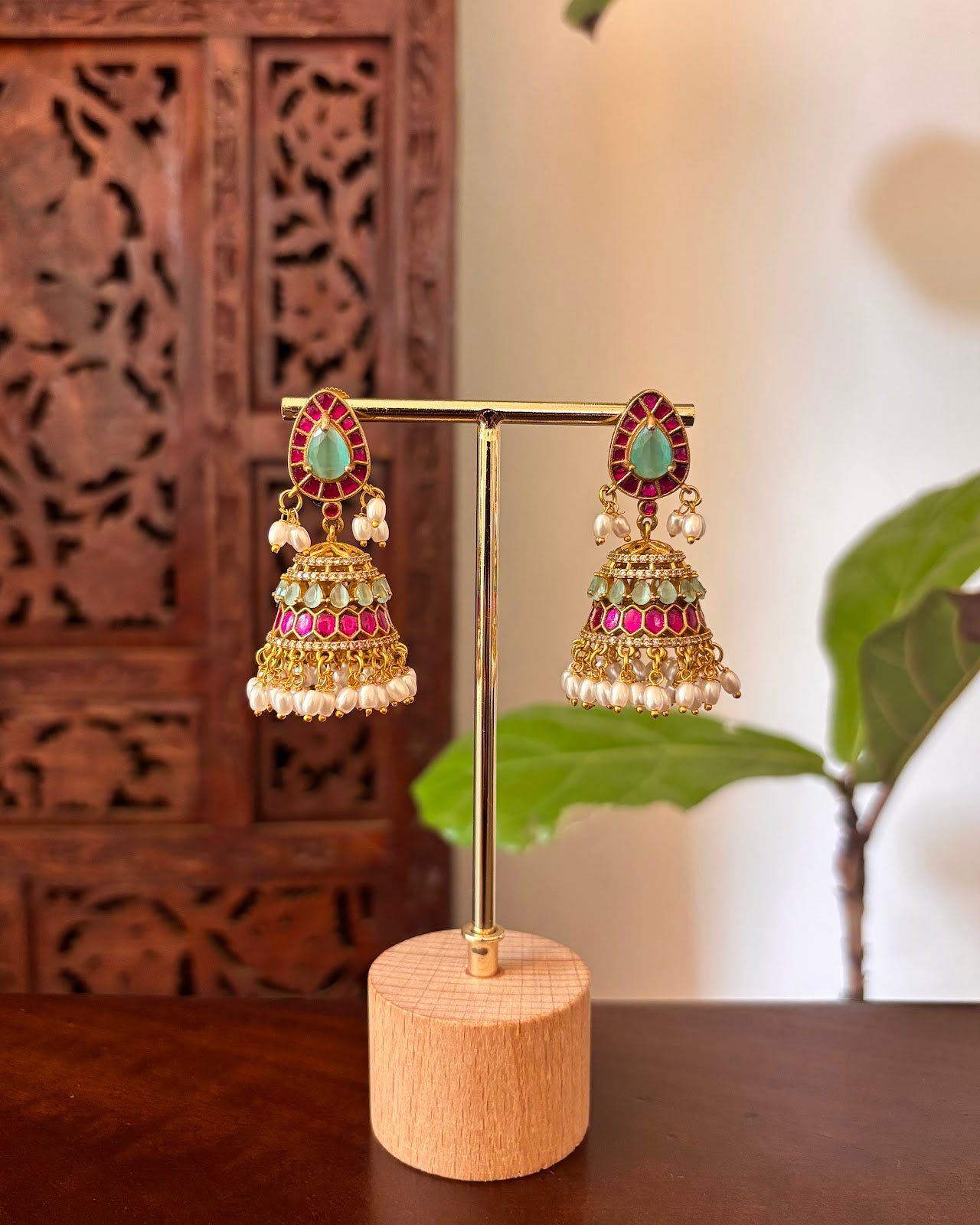 Statement Blue Pink Jadau Jhumkas | Handmade Gold Plated | ER463