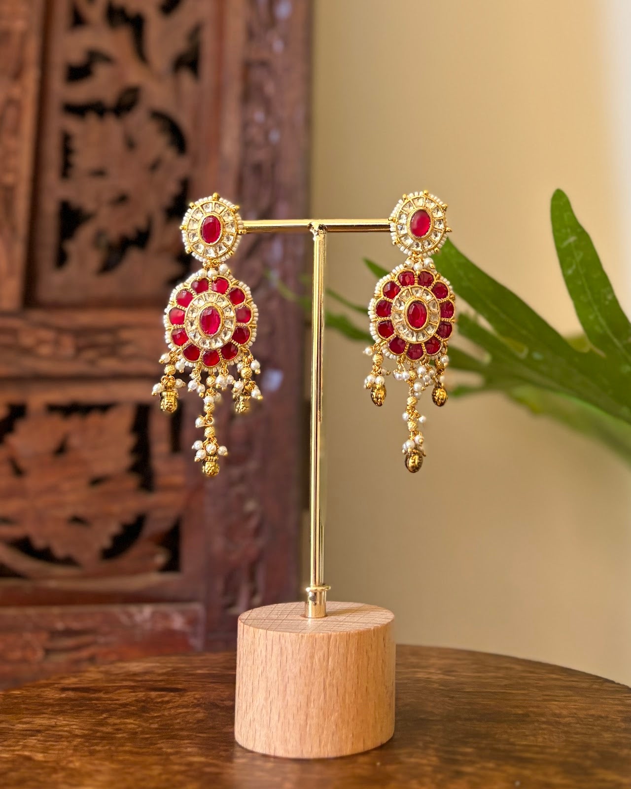 Floral Jadau Kundan Jhumkas With Pearl Hanging | Ruby & White | Handmade Gold Plated | ER440