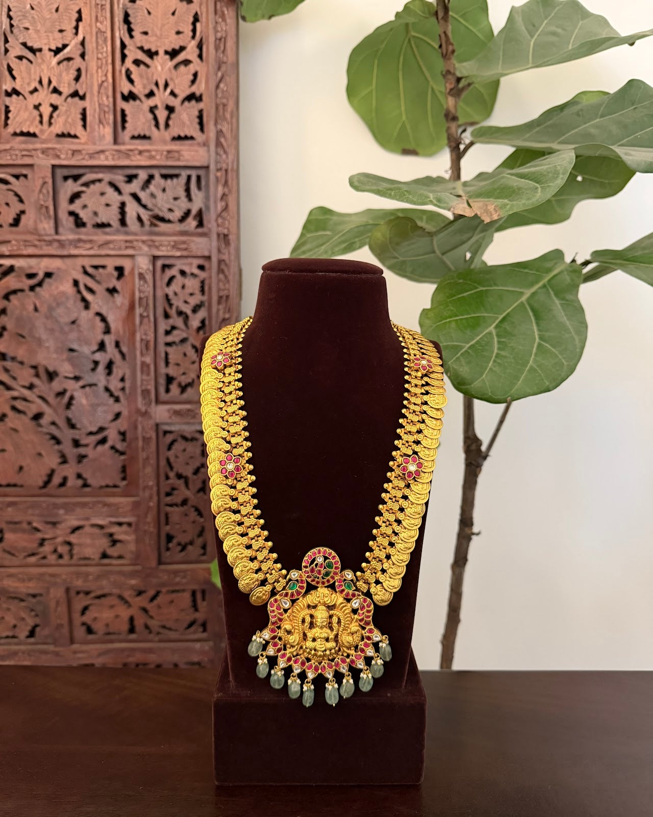 Regal Lakshmi Peacock Pendant Kaasu Haram | Heritage-Inspired Handmade Gold Plated | NC832