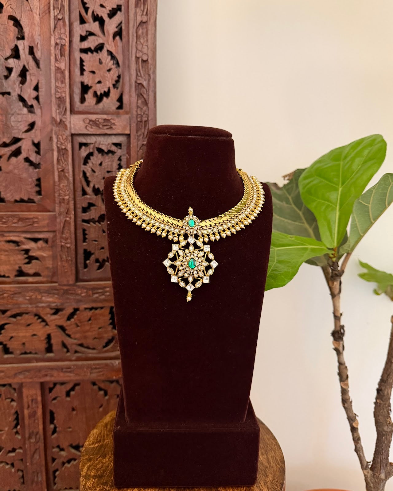 Antique Kundan Gold Plated Necklace with Jhumkas | Handmade Gold Plated | NC726