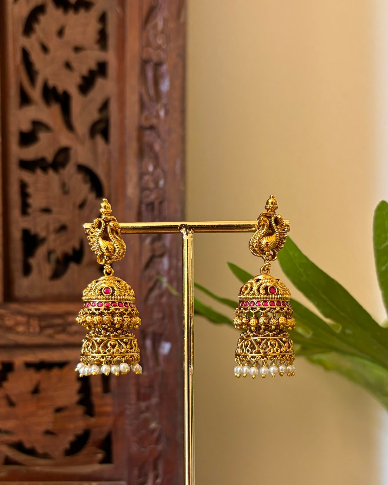 Traditional Antique Peacock Layered Jhumkas | Ruby & White | Handmade Gold Plated | ER445
