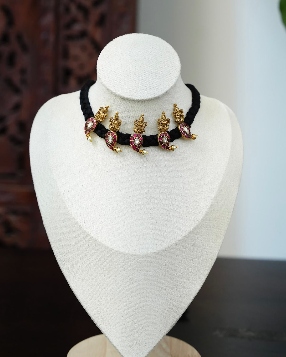 Vintage Black Thread Chain with Kundan Mango & Lakshmi Beads | Handmade | NC921