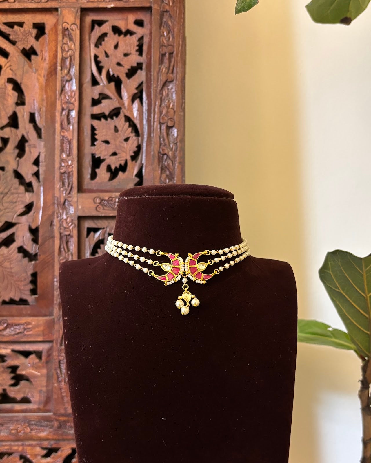 Classic Pearl Chand Choker with Earrings | Crescent Motif | Handmade Gold Plated | NC751
