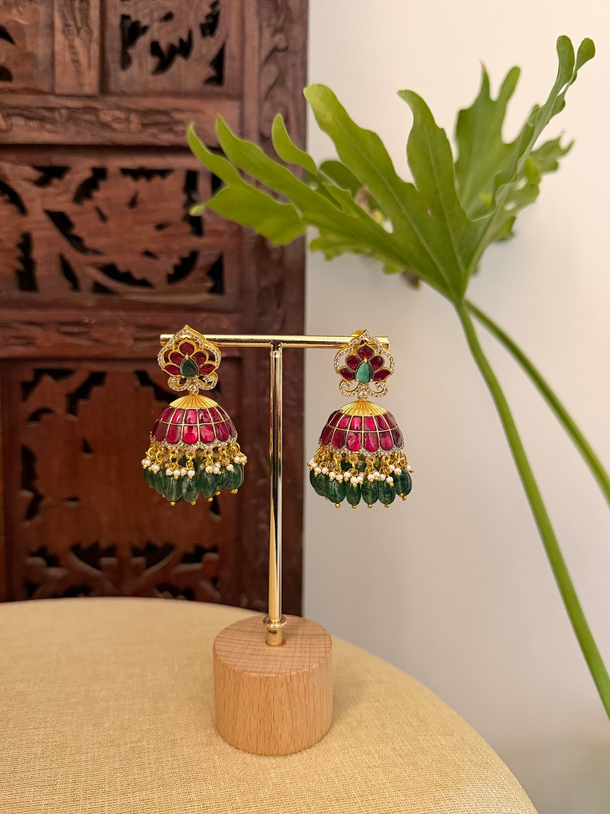 Ruby & Green Floral Jadau Kundan Jhumkas | ER412