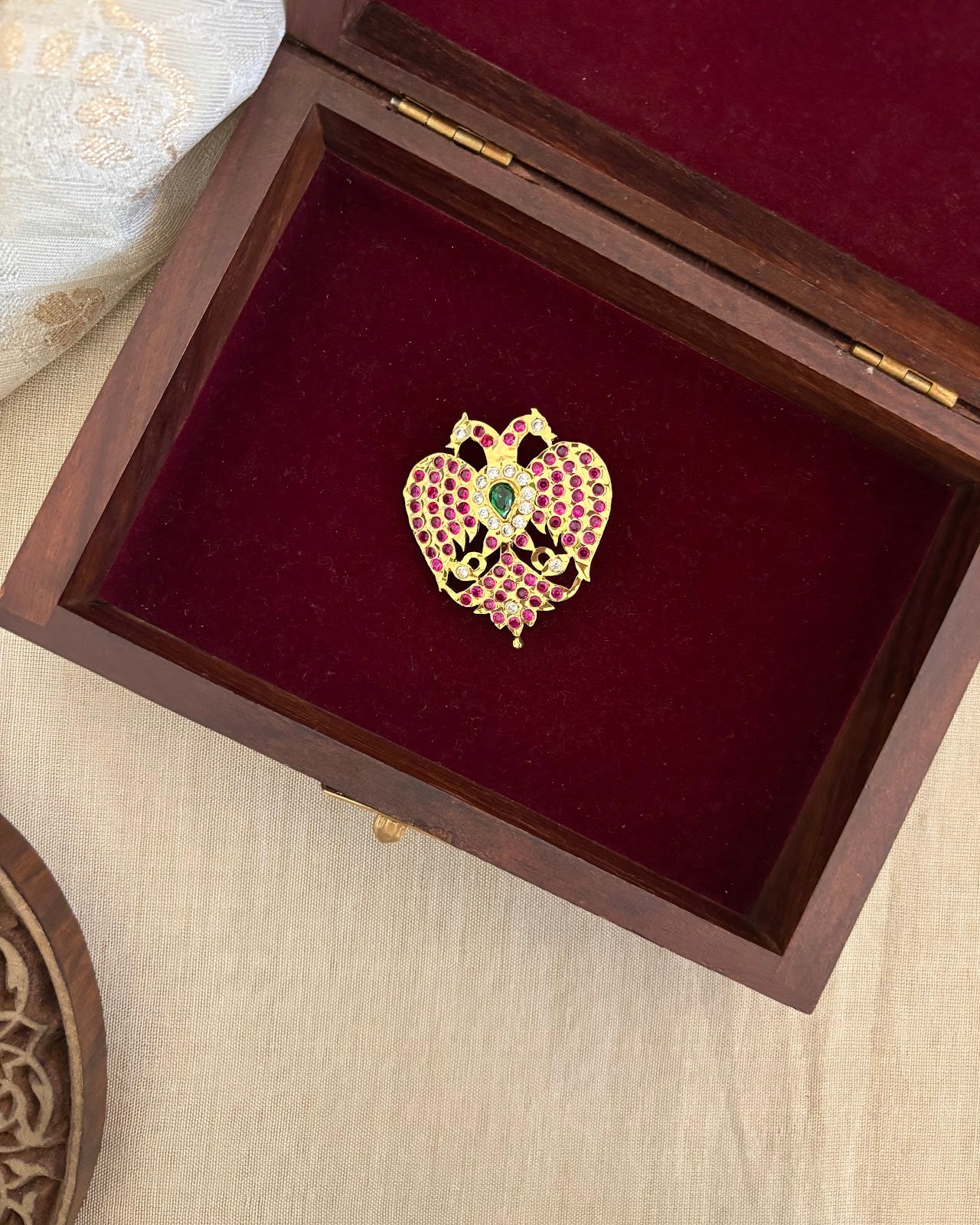 Traditional Peacock Pendant with Ruby Sparkle & Gold Finish