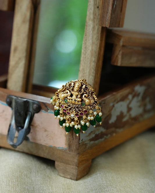 Lakshmi & Peacock Small Hair Pendant with Green Beads | HA435