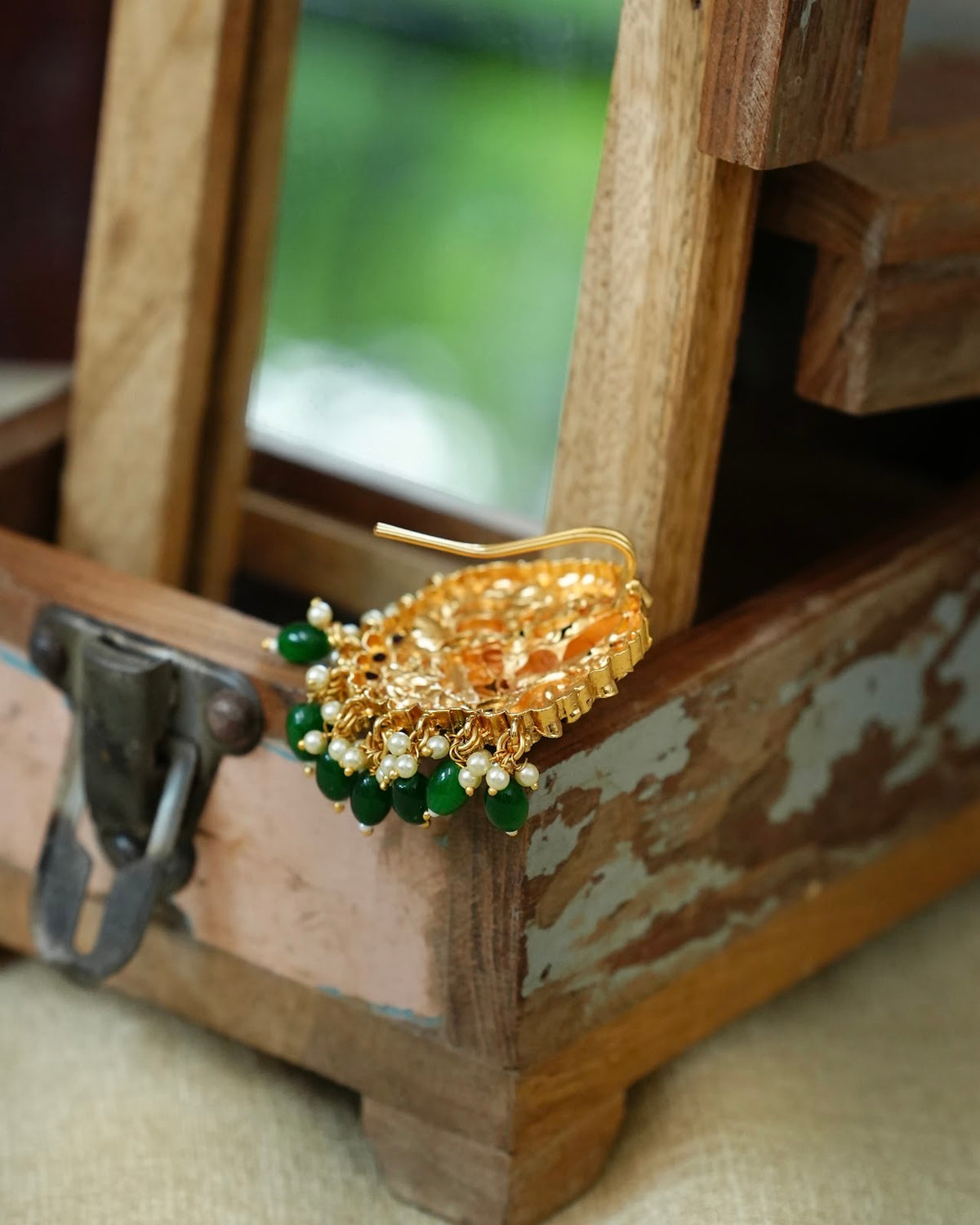 Classic Lakshmi & Peacock Traditional Hair Pendant with Green Beads | Handmade Gold Plated | HA432