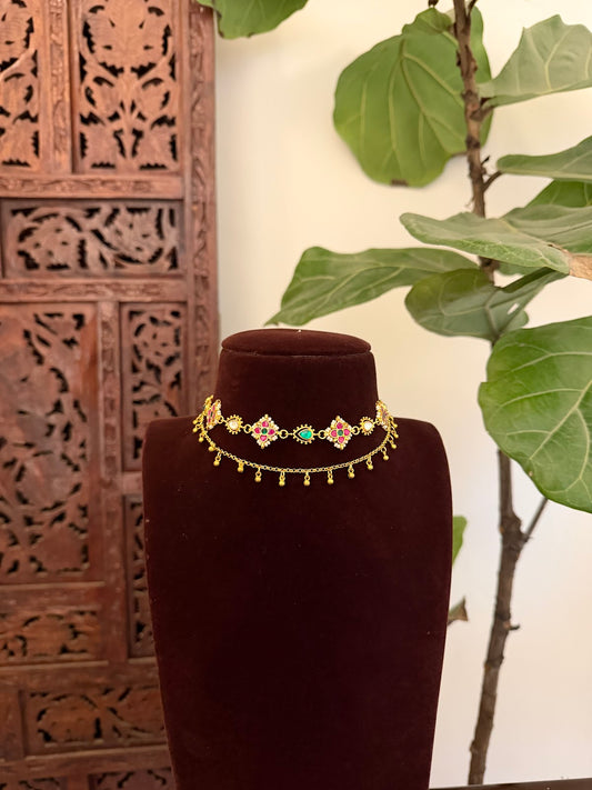 2-Layer Multi-Color Floral Kundan Choker with Earrings | Handmade Gold Plated | NC853