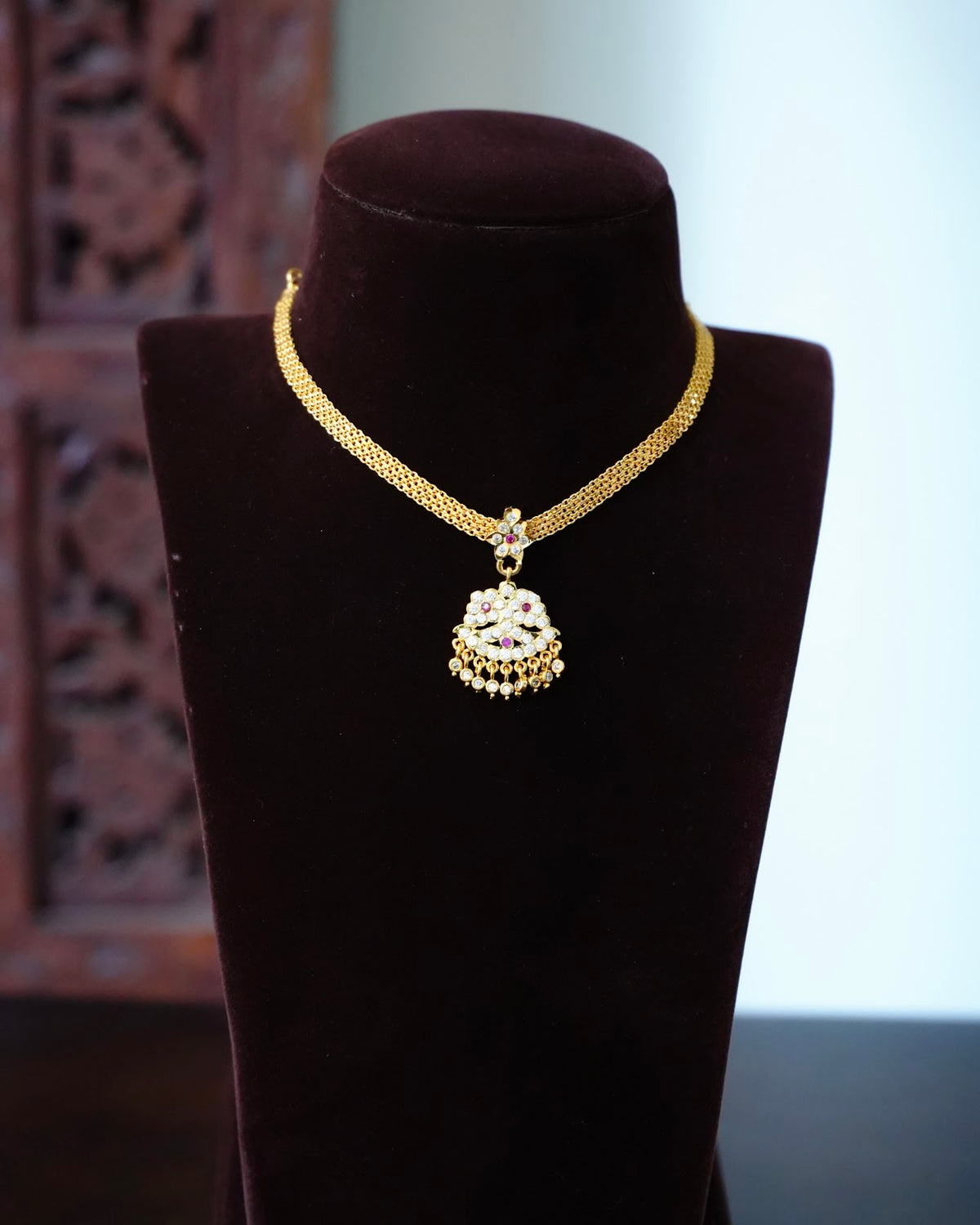 Vintage Impon Attigai Necklace | Ruby & White | Handmade Gold Tone | NC941