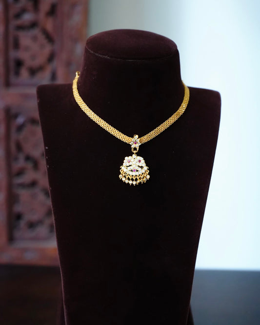 Vintage Impon Attigai Necklace | Ruby & White | Handmade Gold Tone | NC941