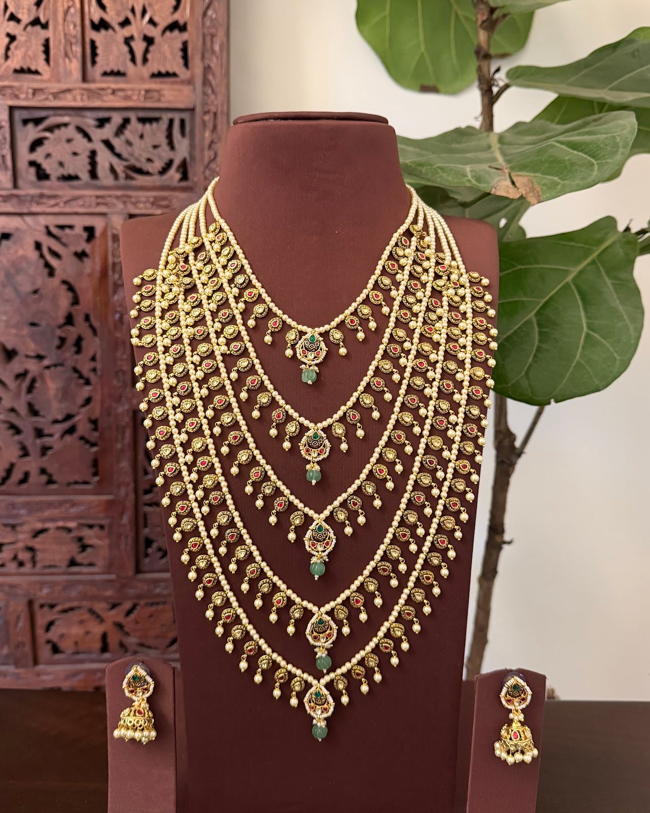 Statement Rani Haar or Panch Lada Necklace with Matching Jhumkas | Handmade Gold Plated | NC811