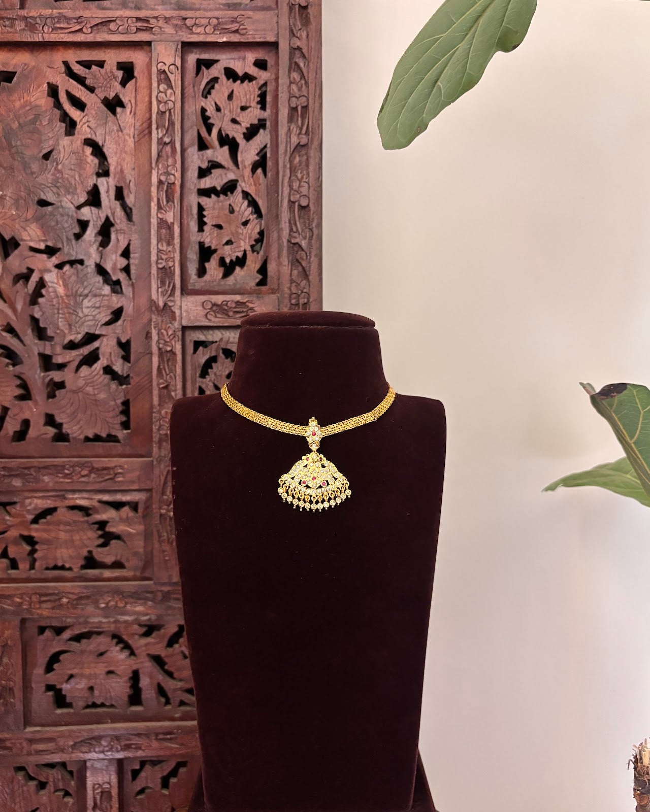 Vintage Impon Attigai Necklace – Ruby and White | Handmade Gold Tone | NC806
