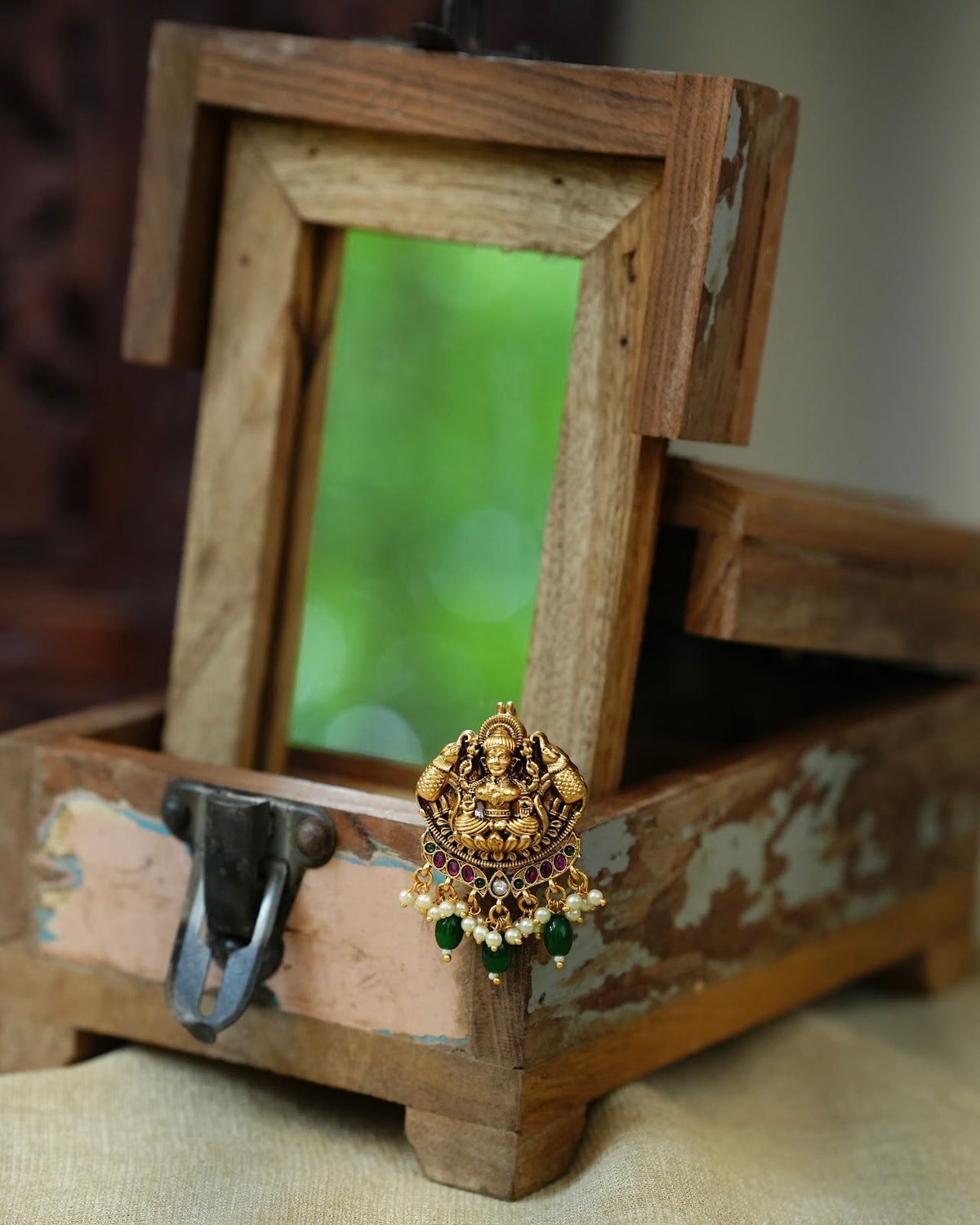 Traditional Lakshmi & Elephant Hair Pendant with Green Beads | HA437