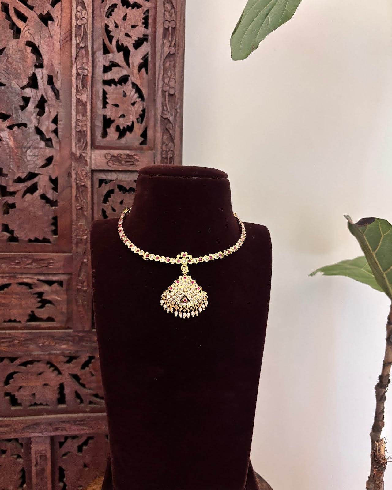 Floral Motif Impon Pendant Attigai Peacock Necklace – Ruby and White | Handmade Gold Tone | NC797