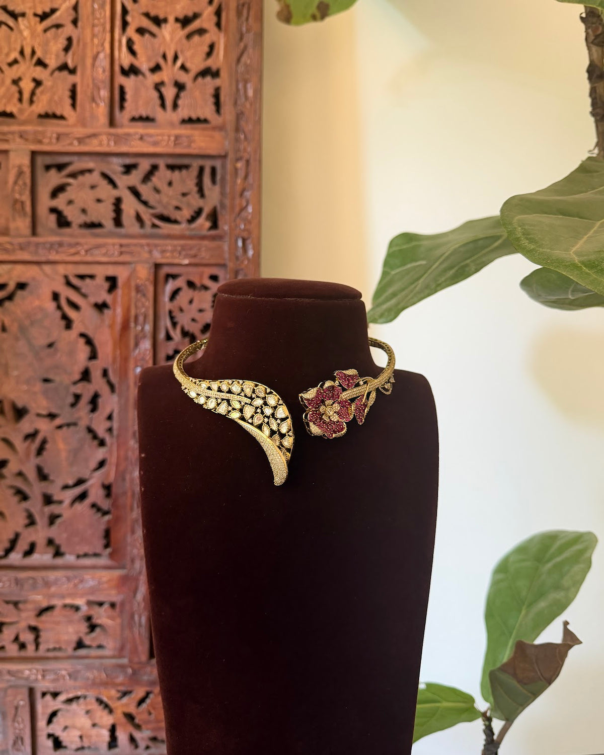 Contemporary Kanti Ruby Floral Choker with Earrings | Handmade Gold Plated | NC876