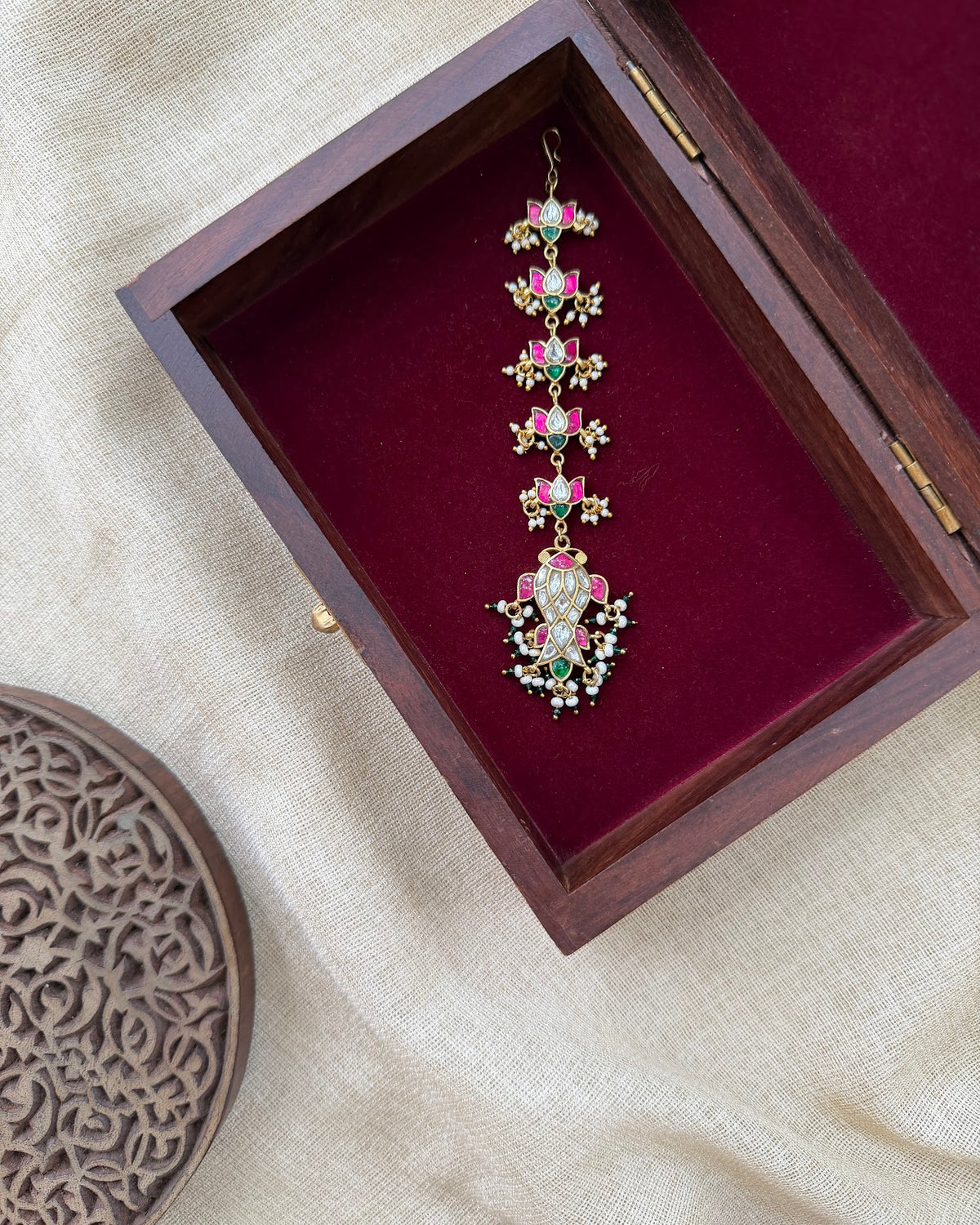 Lotus Jadau Kundan Maang Tikka | Multicolour | Handmade Gold Plated | MT388