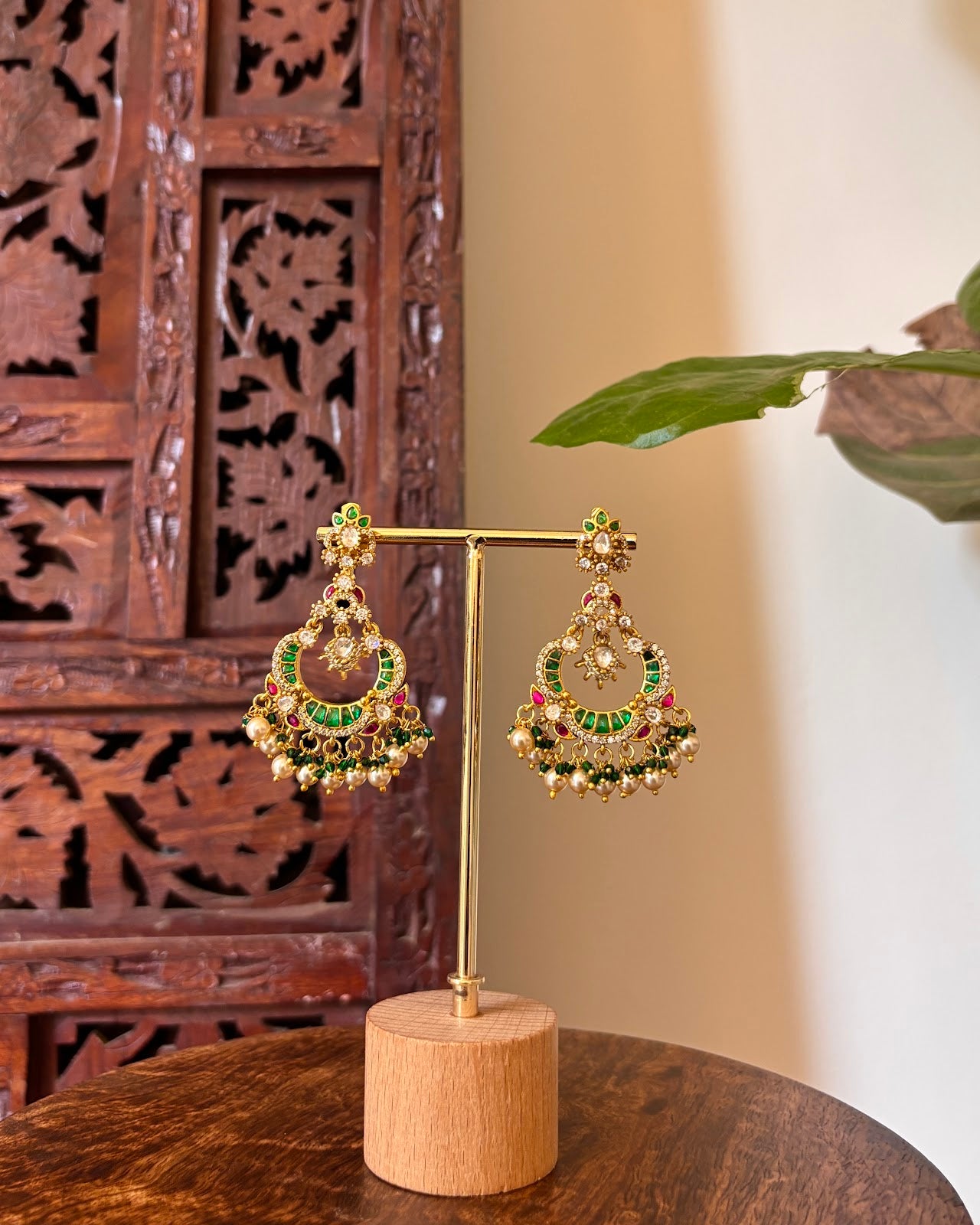 Multicolor Jadau Kundan Peacock Chandbali Earrings with Pearl Hangings | Handmade Gold Plated | ER457