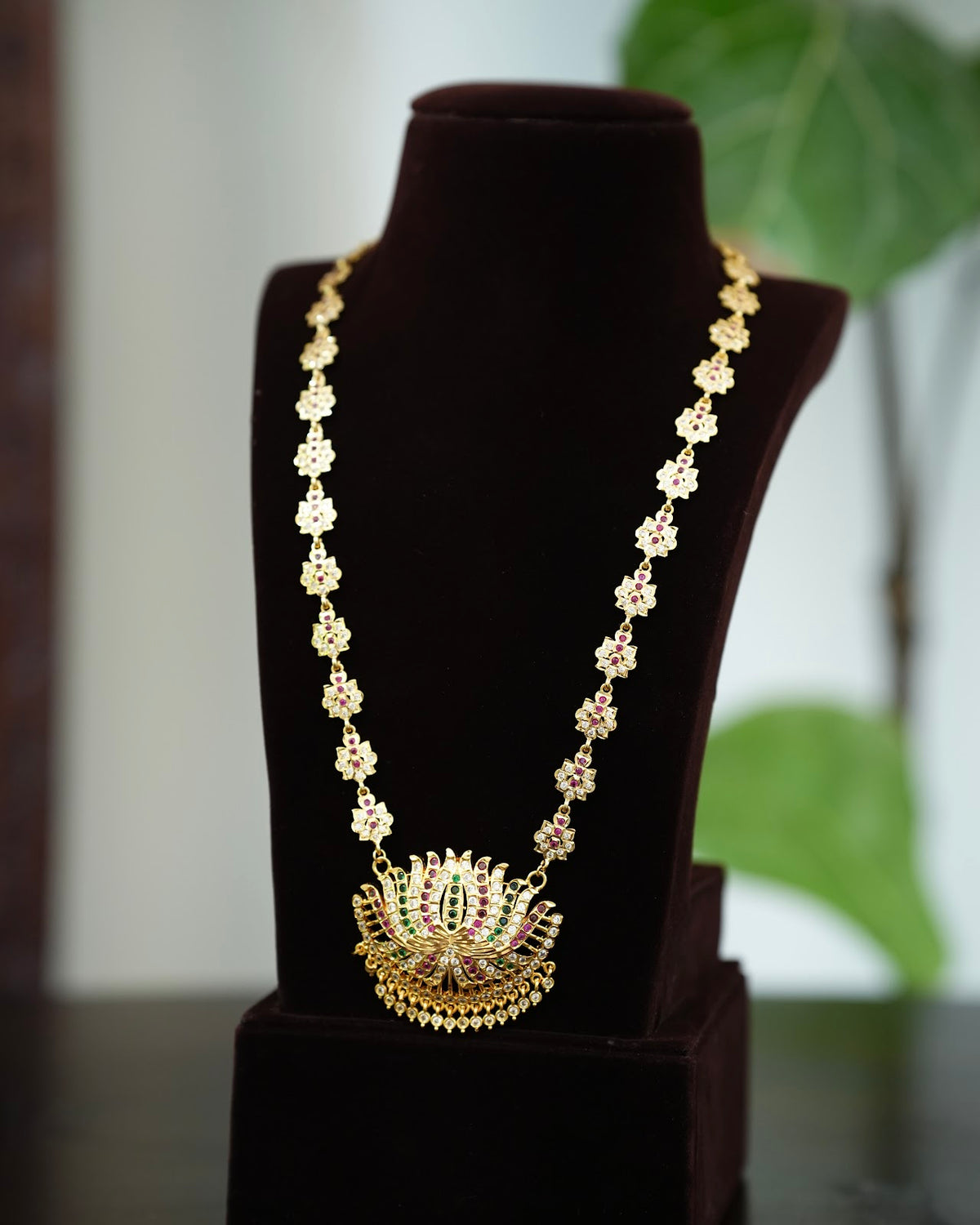 Vintage Impon Multicolour Lotus Design Long Haram Necklace | Handmade Gold Tone | NC925
