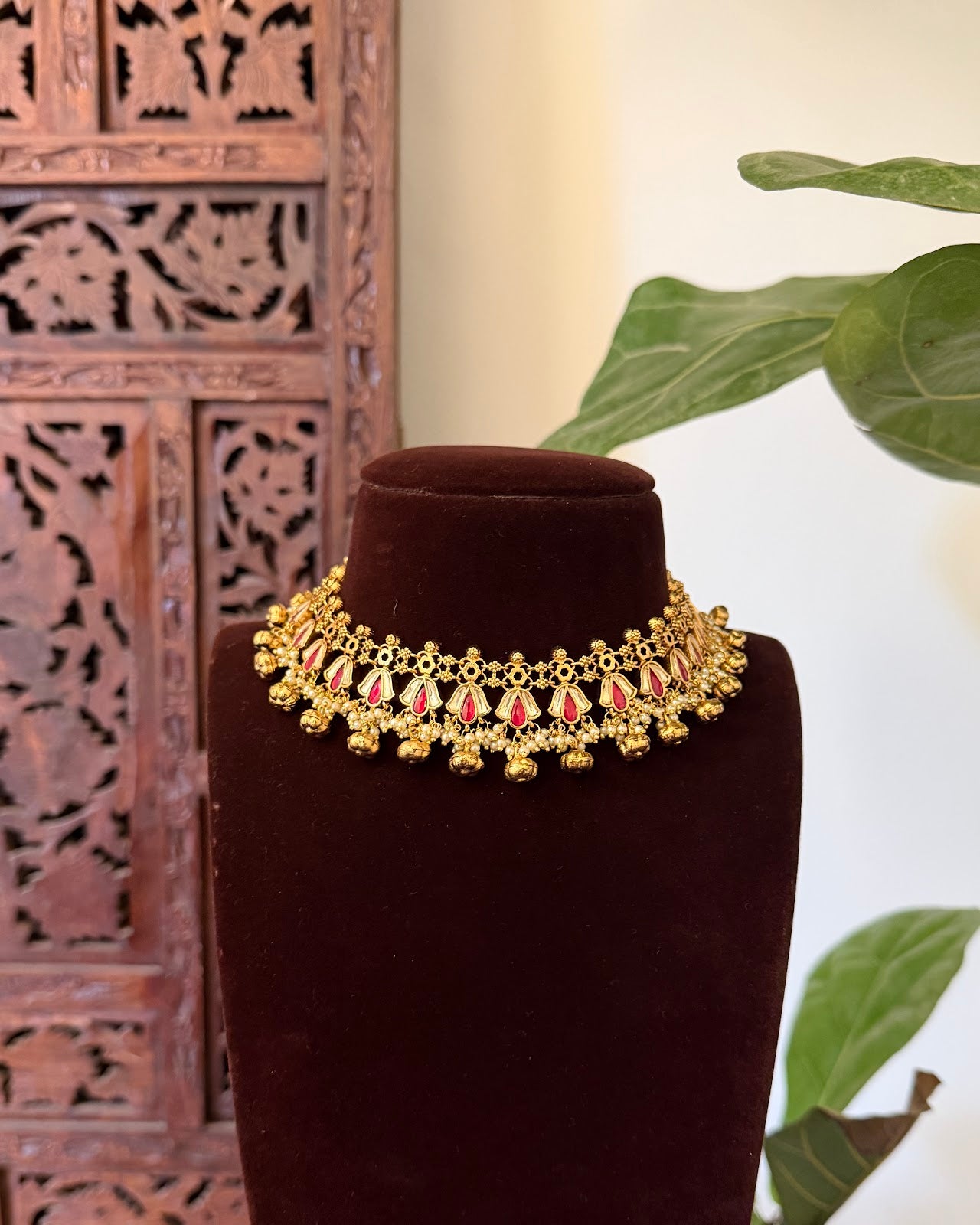 Floral Kundan Necklace with Earrings | Ruby & White | Handmade Gold Plated | NC846
