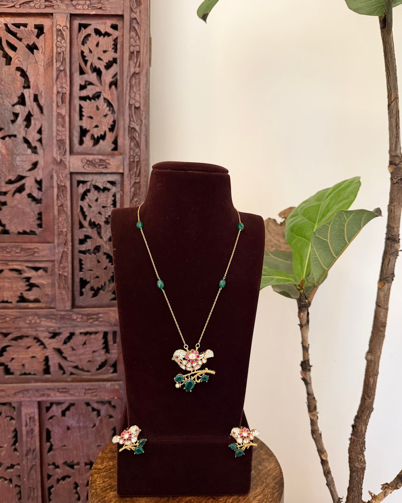 Mossanite Kundan Parrot Floral Necklace Set | Handmade Gold Plated | NC790