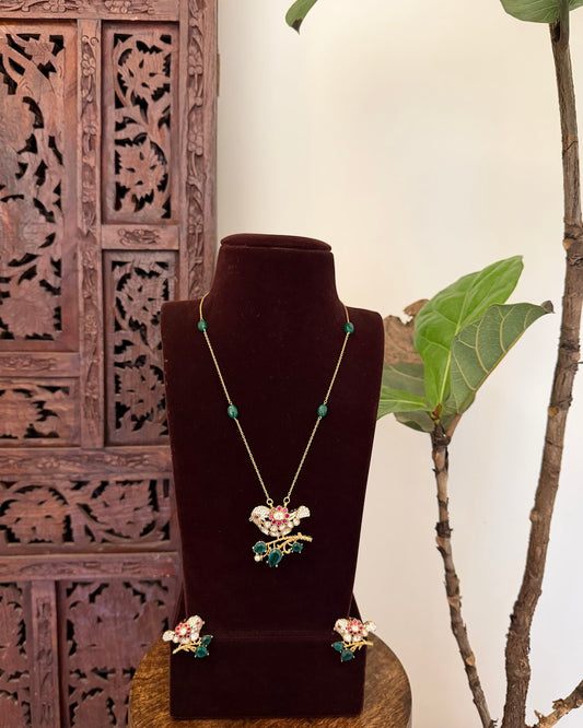 Mossanite Kundan Parrot Floral Necklace Set | Handmade Gold Plated | NC790