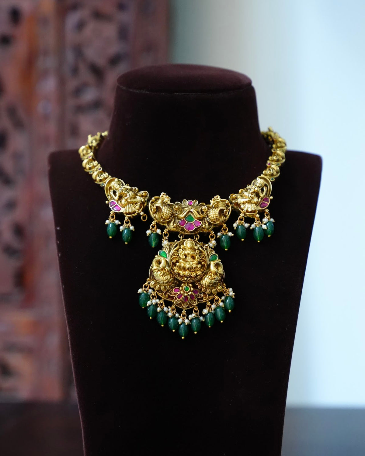Multicolour Antique Gold Plated Lakshmi & Peacock Choker Set with Green Beads & Earrings | NC940