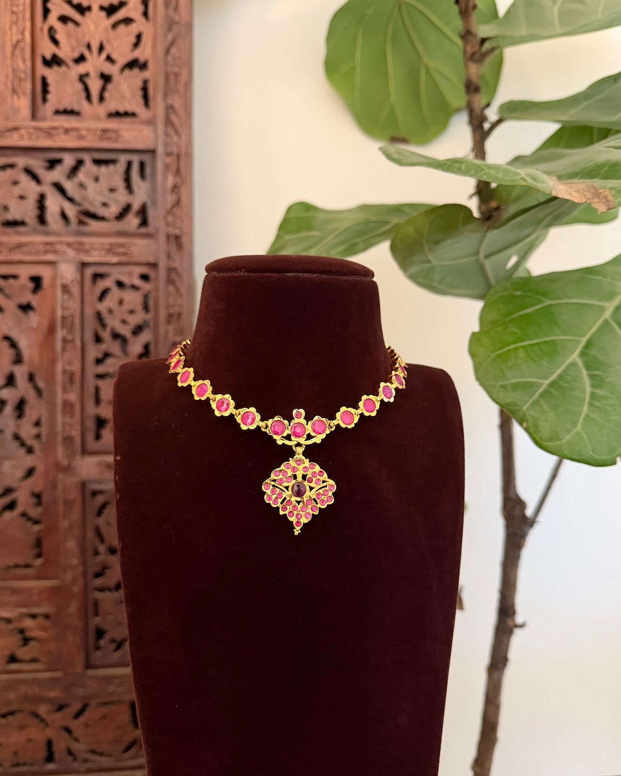 Attigai Vintage Ruby Floral Necklace | Handmade Gold Tone | NC812