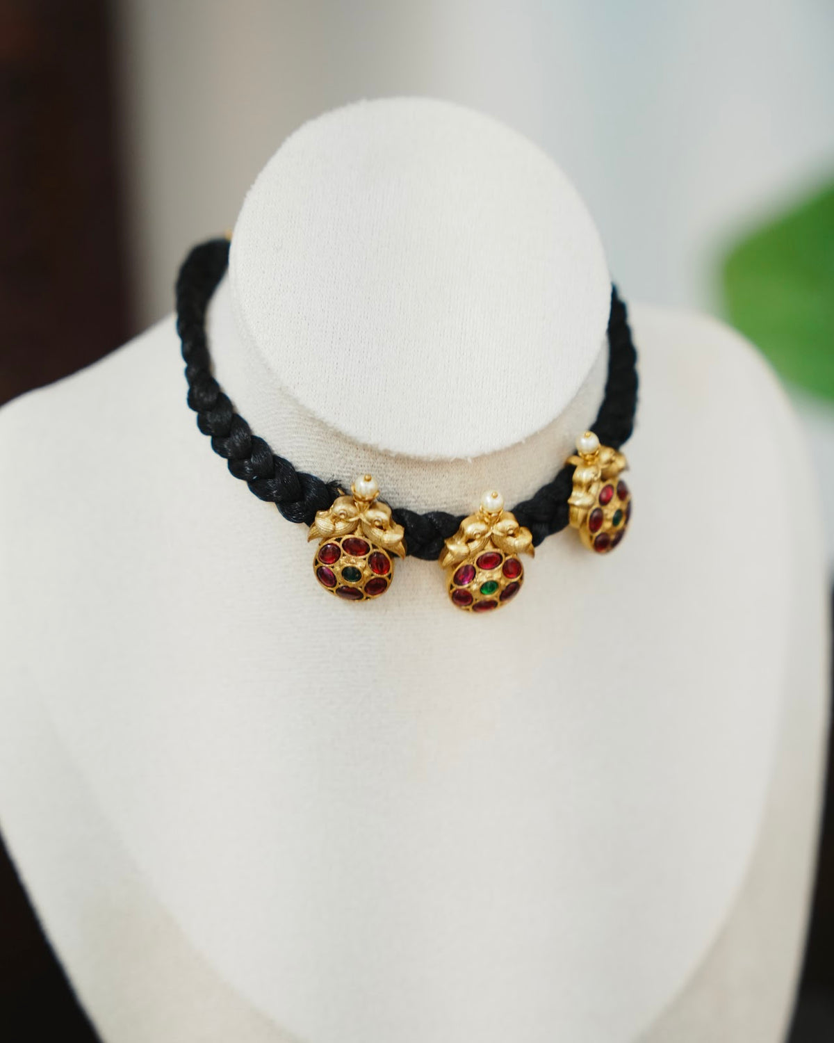 Vintage Black Thread Chain with Kundan Peacock Locket | Handmade Gold Tone | NC922