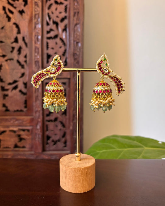 Classical Peacock Kundan Jhumkas | Multicolor Handmade Gold Plated | ER487