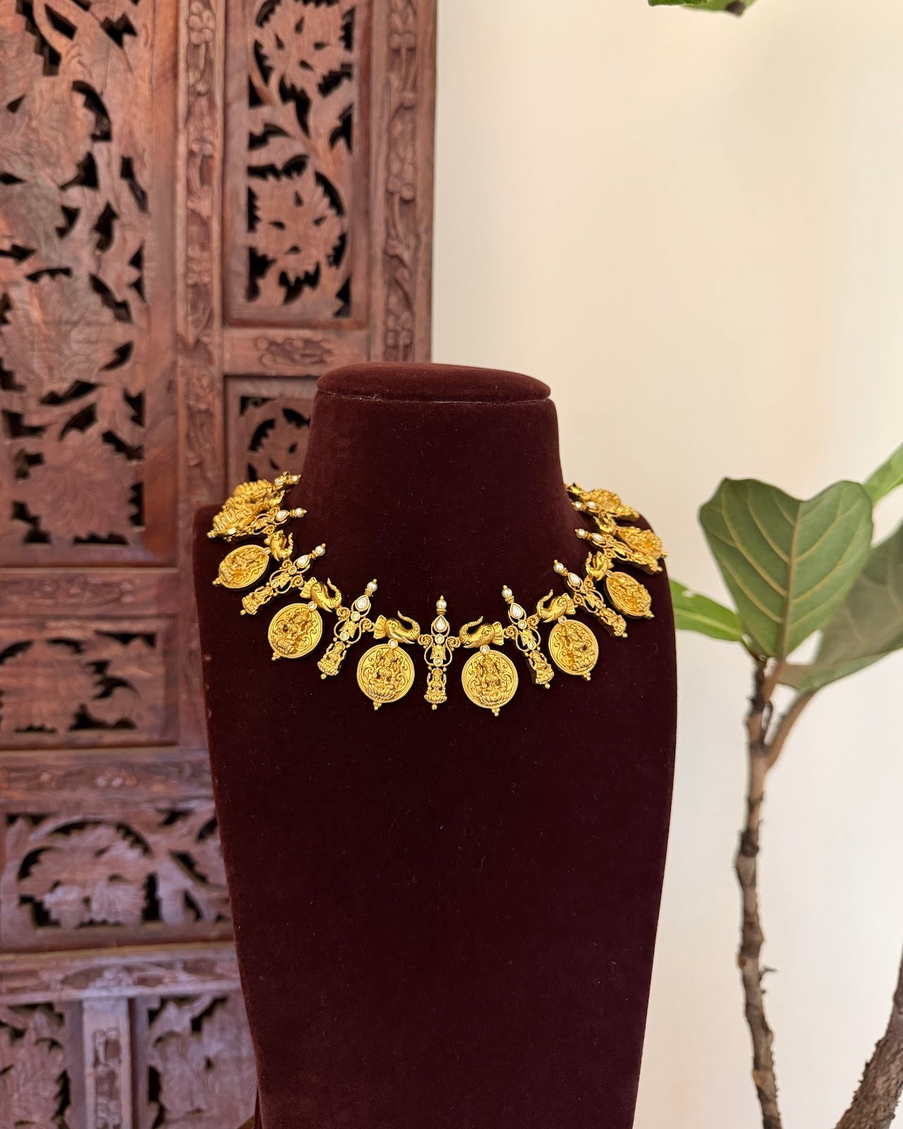 Antique Lakshmi Elephant Kaasu Necklace with Earrings | Handmade Gold Plated | NC737