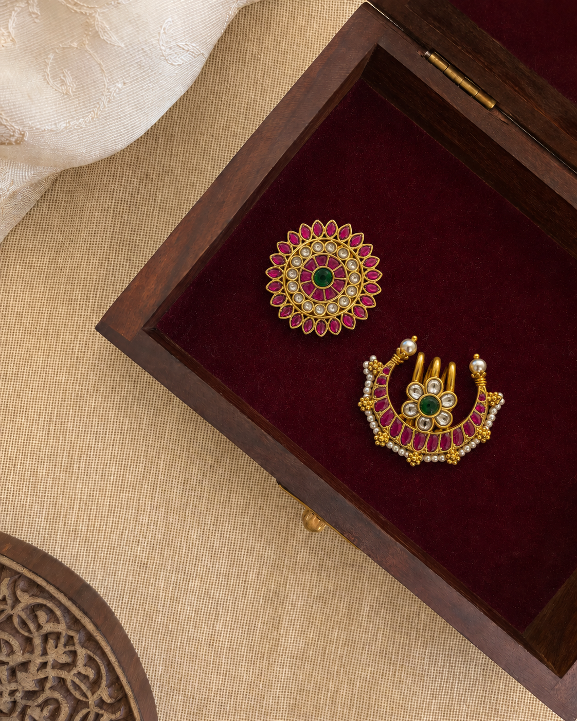 Jadau Kundan Sun & Moon Hair Accessory – Traditional Set | Handmade Gold Plated | HA363