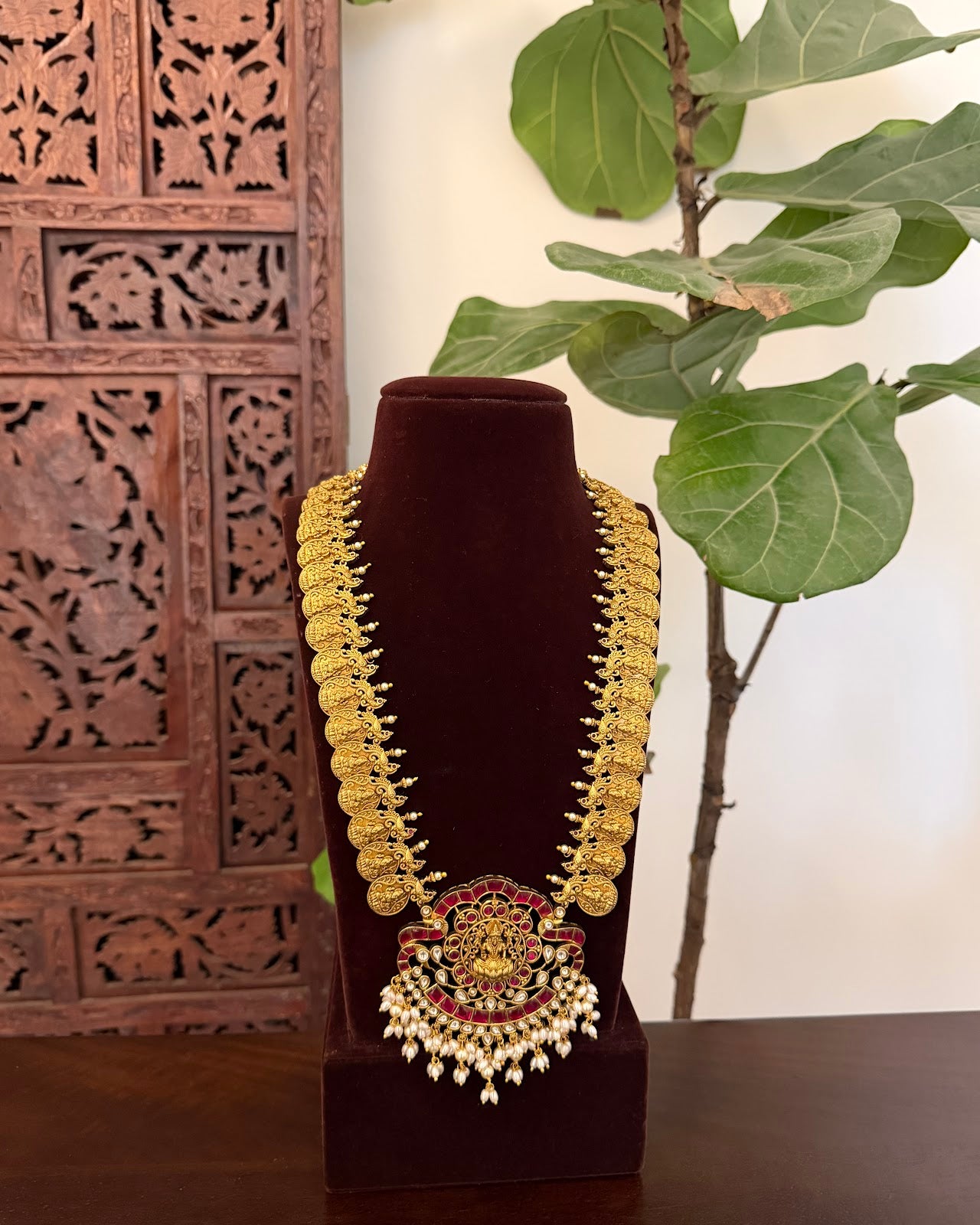 Divine Lakshmi Pendant Pearl Drop Kaasu Haram | Heritage-Inspired Handmade Gold Plated | NC833
