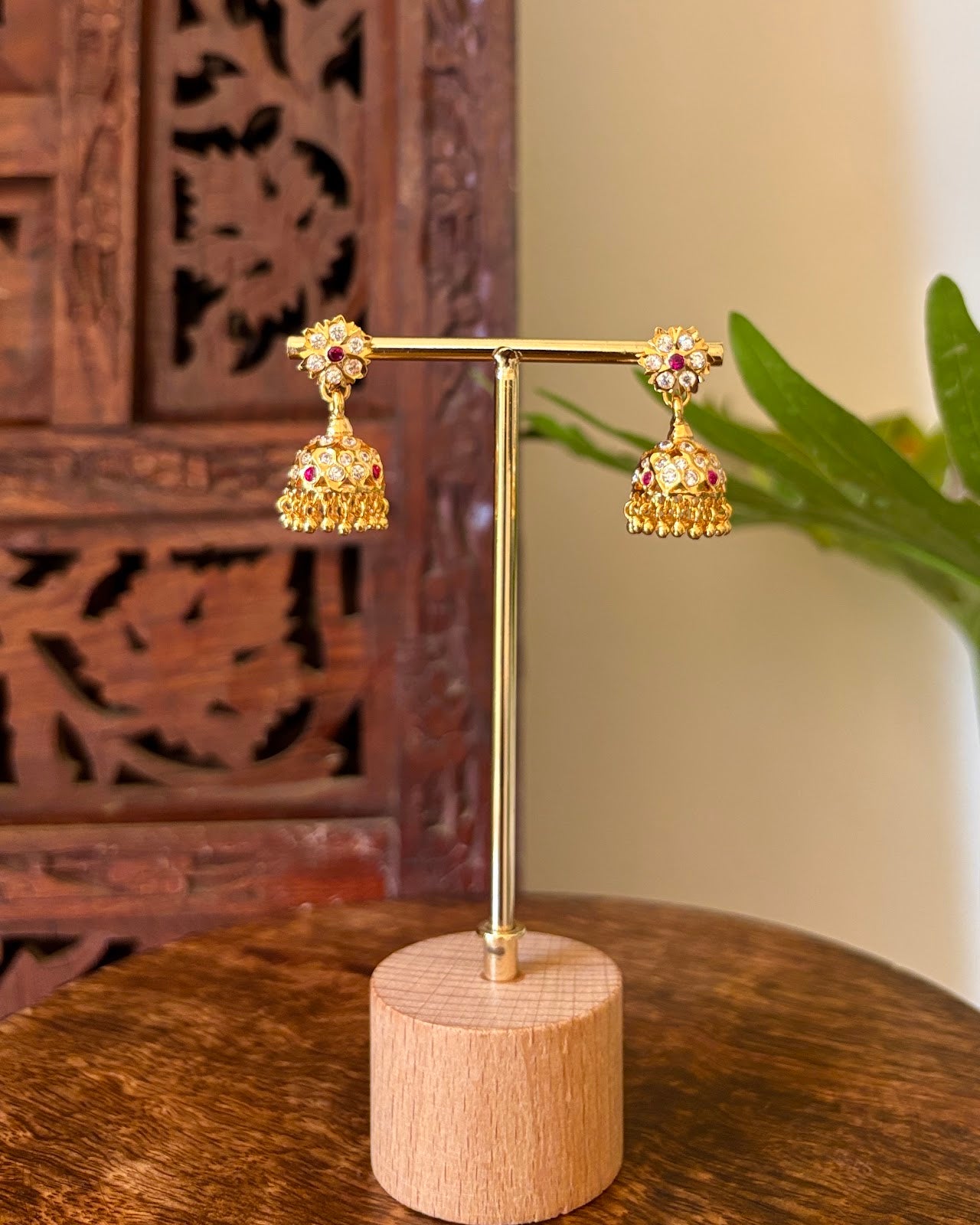 Vintage Impon Small Earrings | Classic Jhumkas | Ruby and White | Handmade Gold Tone | ER443