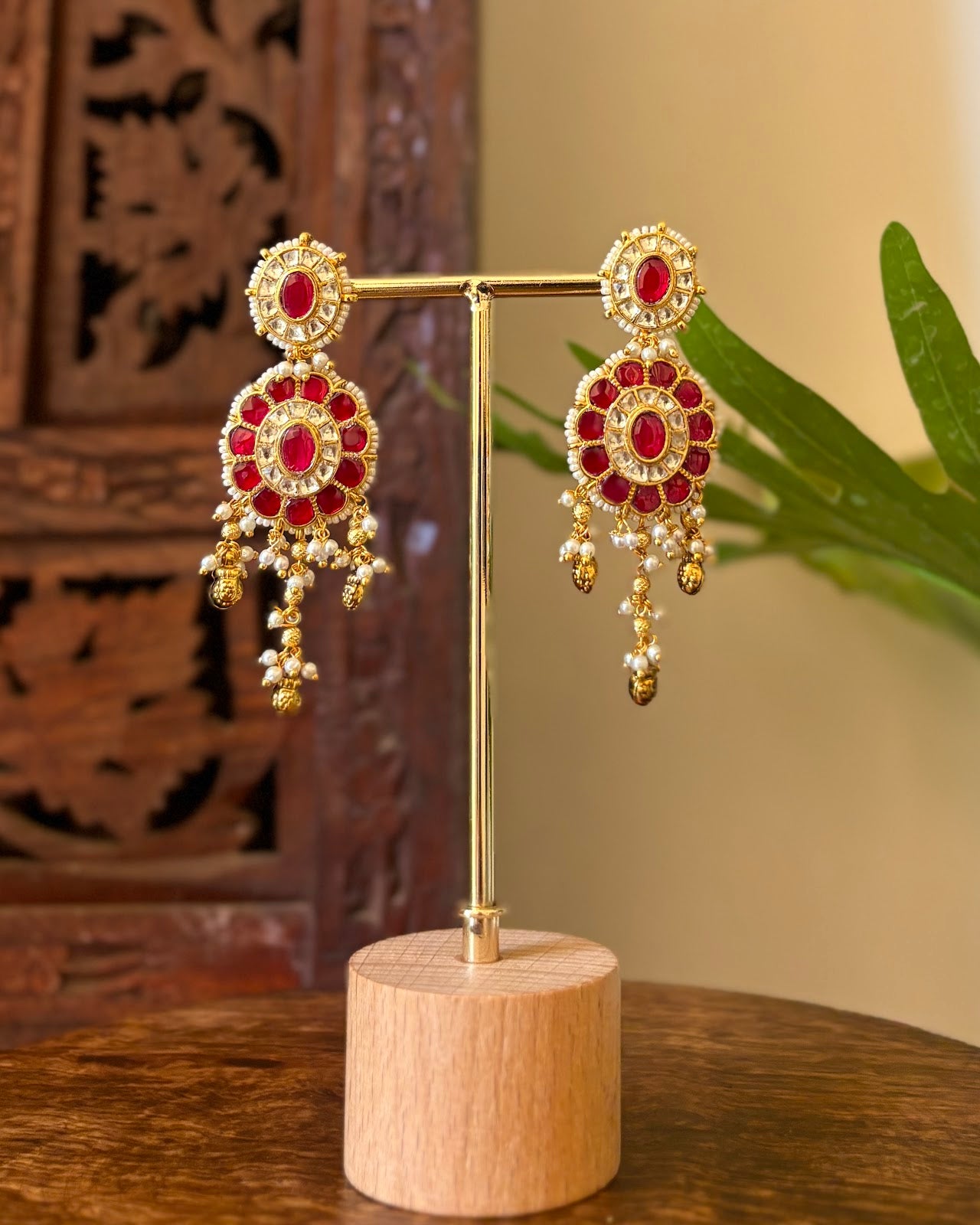 Floral Jadau Kundan Jhumkas With Pearl Hanging | Ruby & White | Handmade Gold Plated | ER440
