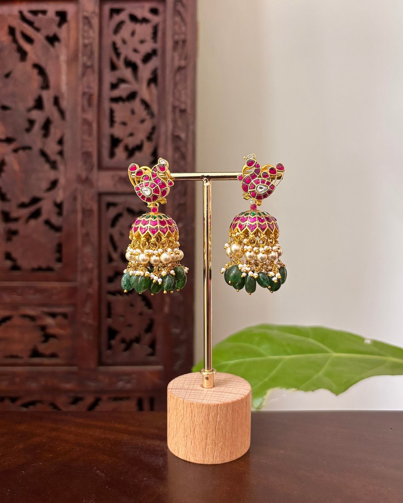 Peacock Floral Jadau Kundan Jhumkas | Handmade Gold Plated | ER479