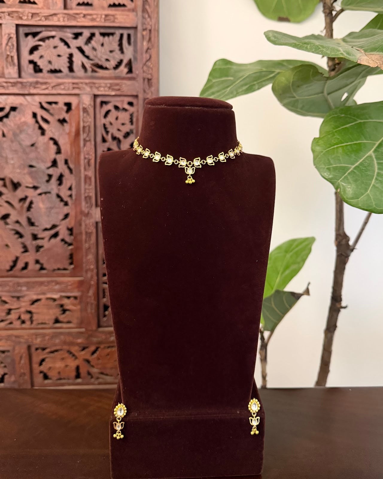 Lotus Kundan Delicate Necklace with Earrings | Handmade Gold Plated | NC814