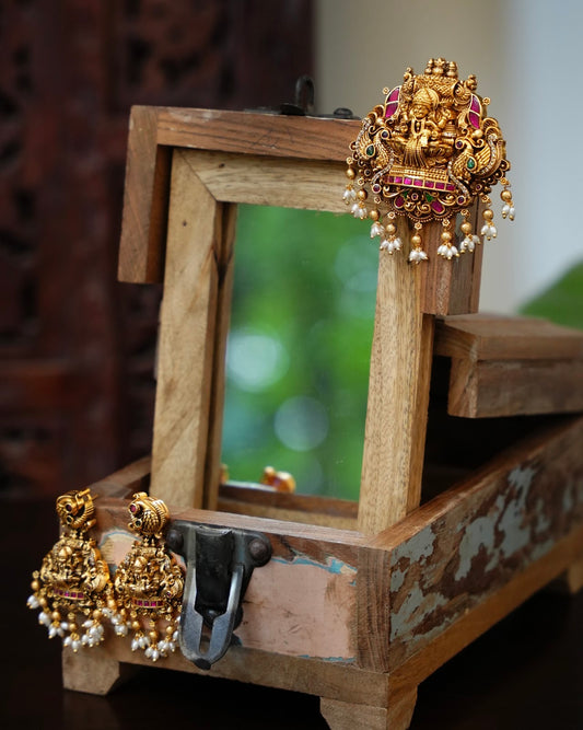 Antique Lakshmi & Peacock Pendant and Earrings Set with Pearl Beads | Handmade Gold Plated | NC908