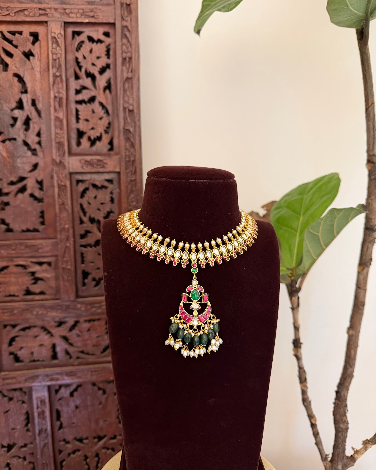 Multicolor Jadau Kundan Choker Necklace with Floral Center Pendant | Handmade Gold Plated | NC782