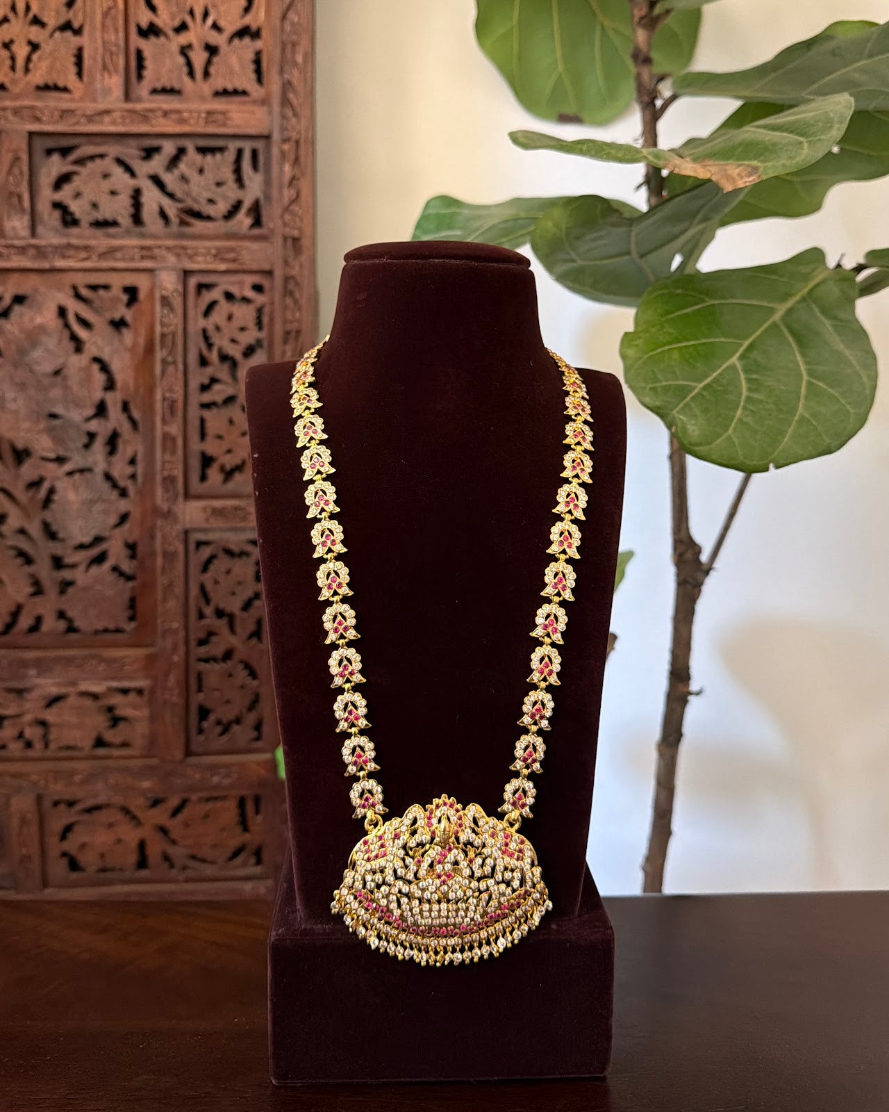 Vintage Impon Ruby & White Long Haram Necklace | Handmade Gold Tone | NC835