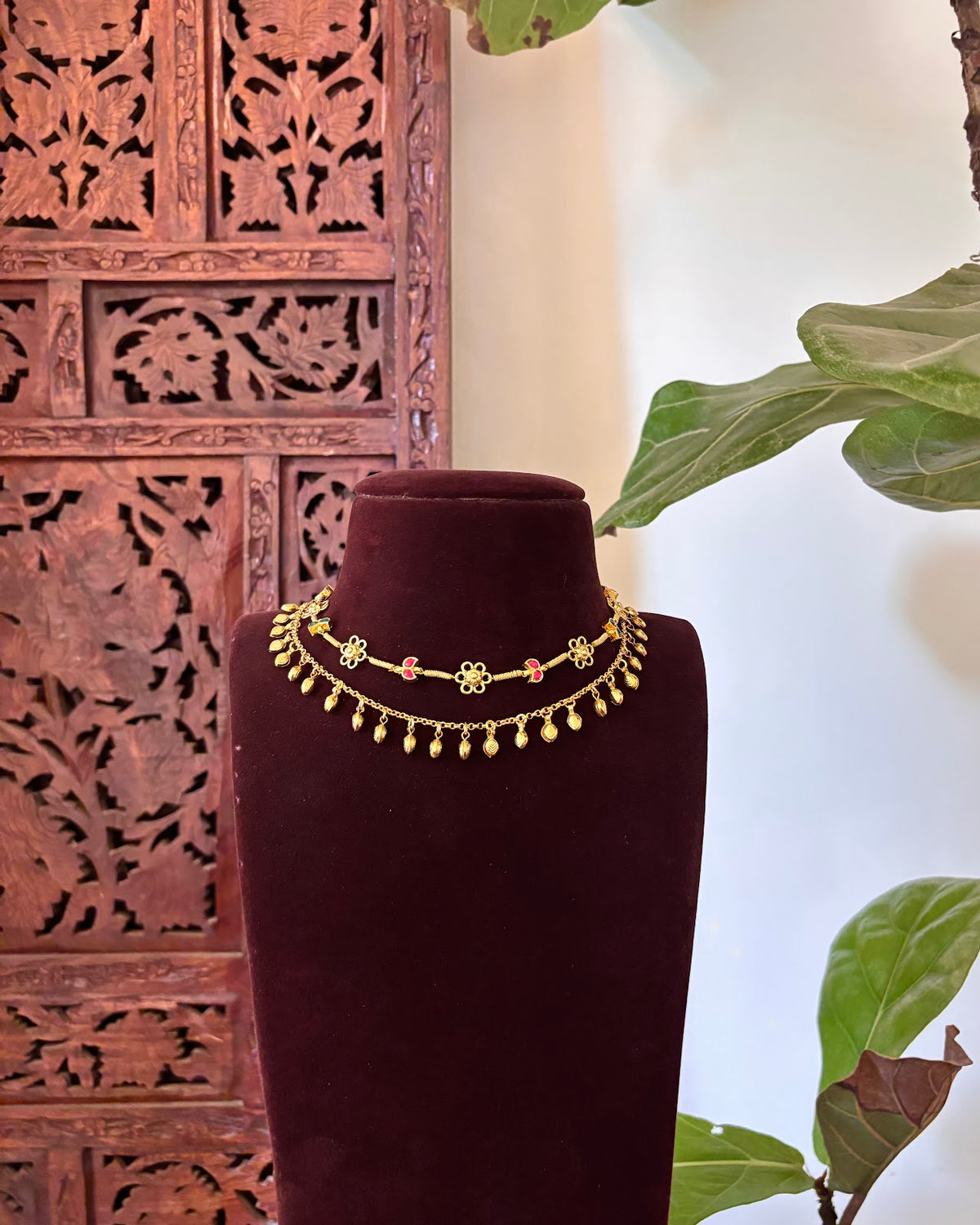 2-Layer Multi-Color Floral Kundan Choker with Earrings | Handmade Gold Plated | NC873