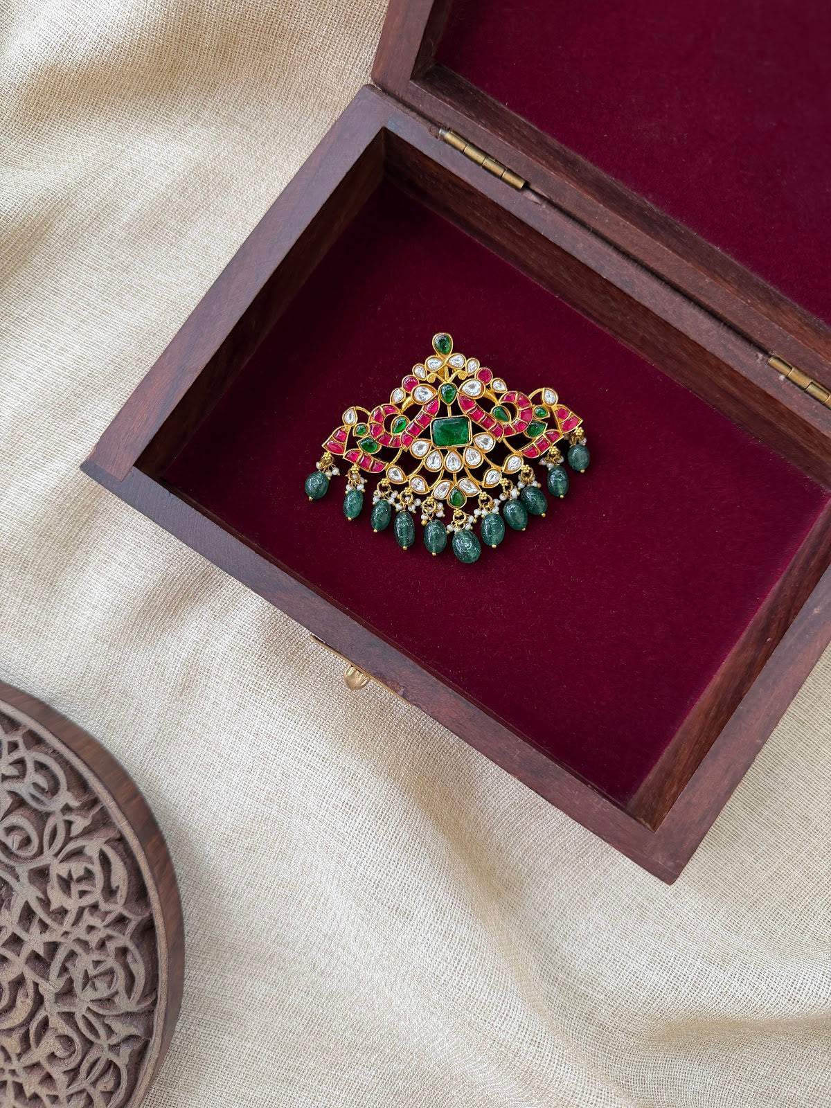 Peacock Motif Jadau Kundan Pendant | Multicolour Gold Plated Pearl Hanging | Handmade | HA399