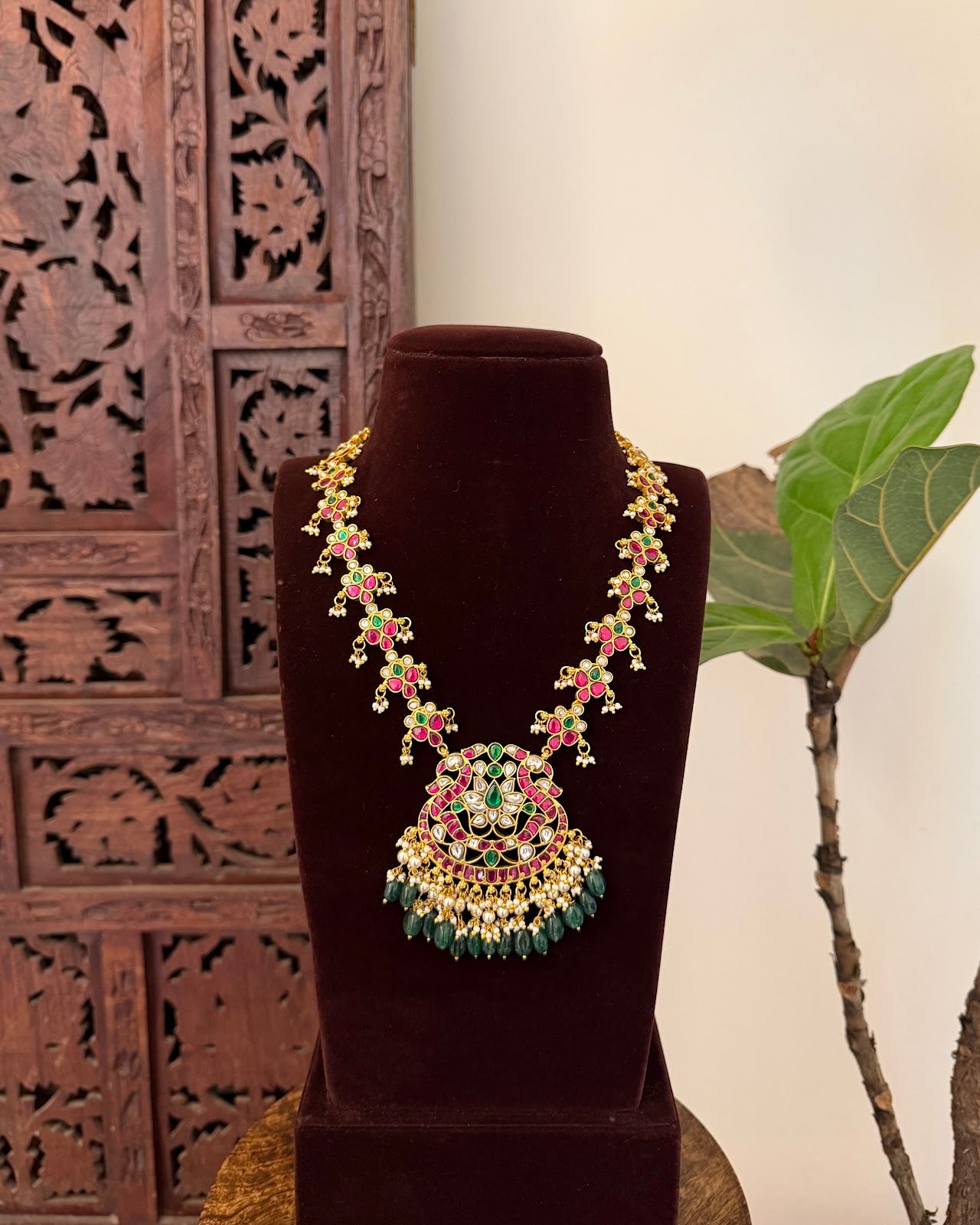 Elegant Kundan Floral Necklace with Strawberry Beads | Handmade Gold Plated | NC777