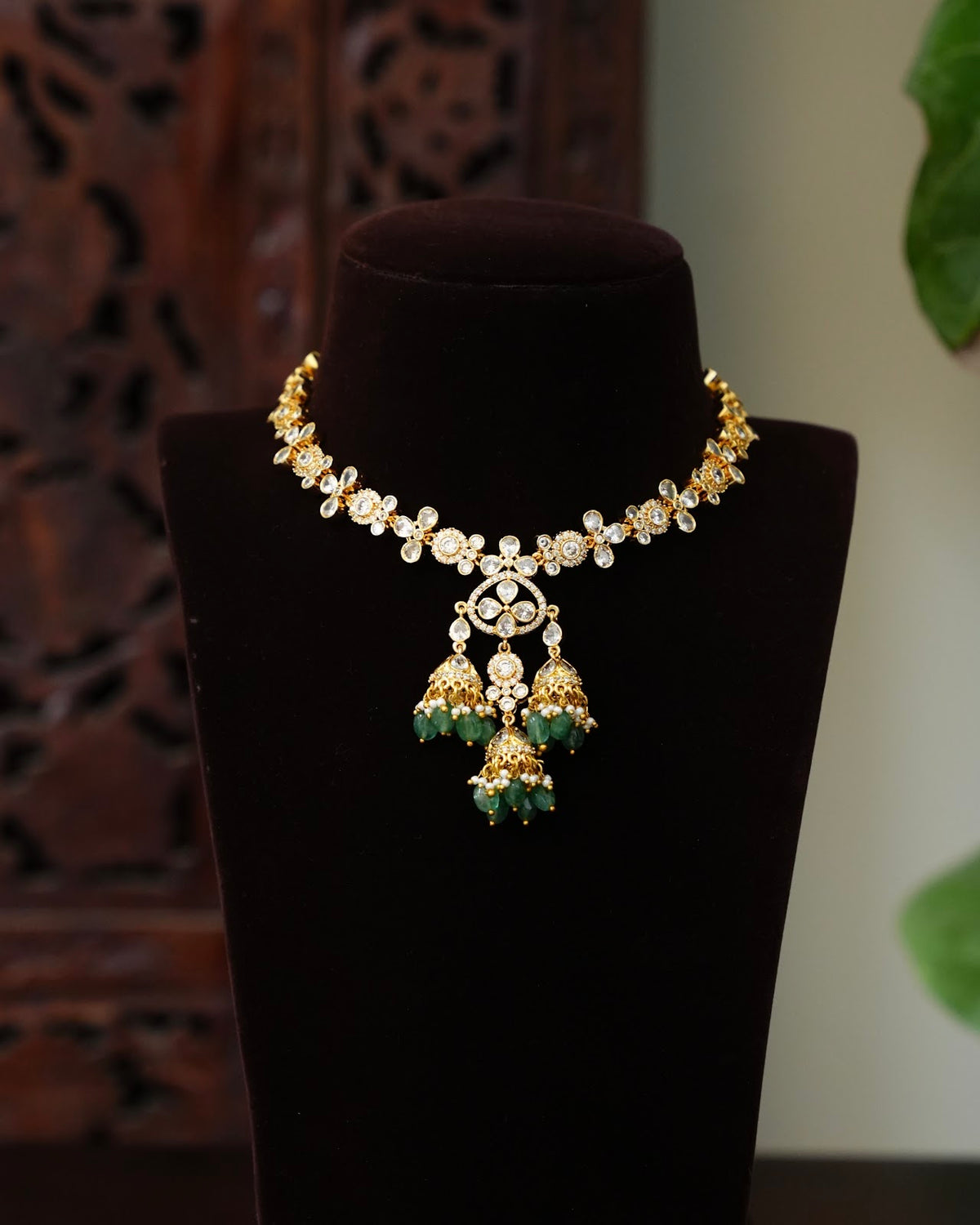 White Kundan Pendant Jhumka Necklace Set with Green Beads & Earrings | NC947