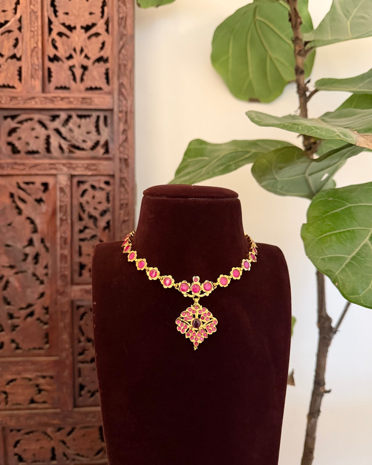 Attigai Vintage Ruby Floral Necklace | Handmade Gold Tone | NC812